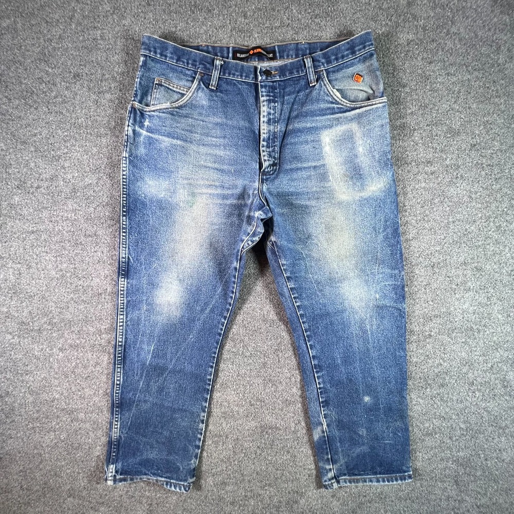 Wrangler FR Jeans Men's 40x30 Blue Cotton Denim Straight Faded Workwear Travel